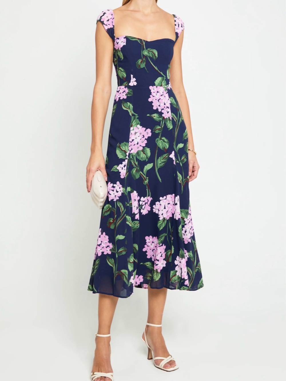 Navy Floral Midi Dress with Pink Blooms